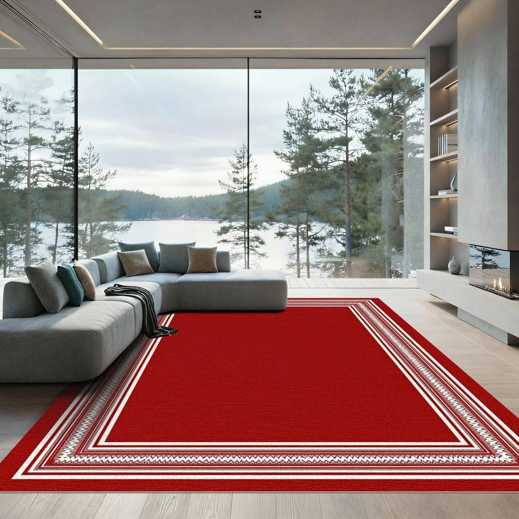 Rich Crimson Ivory Geometric Border Rug