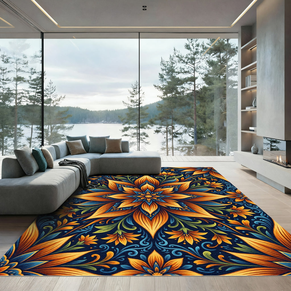Radiant Golden Blue Floral Mandala Rug