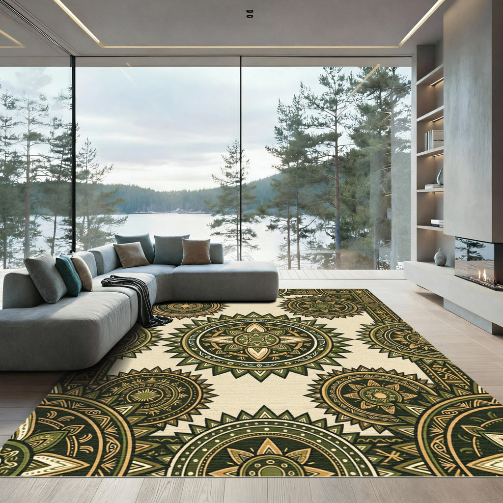 Golden Olive Sunburst Medallion Rug