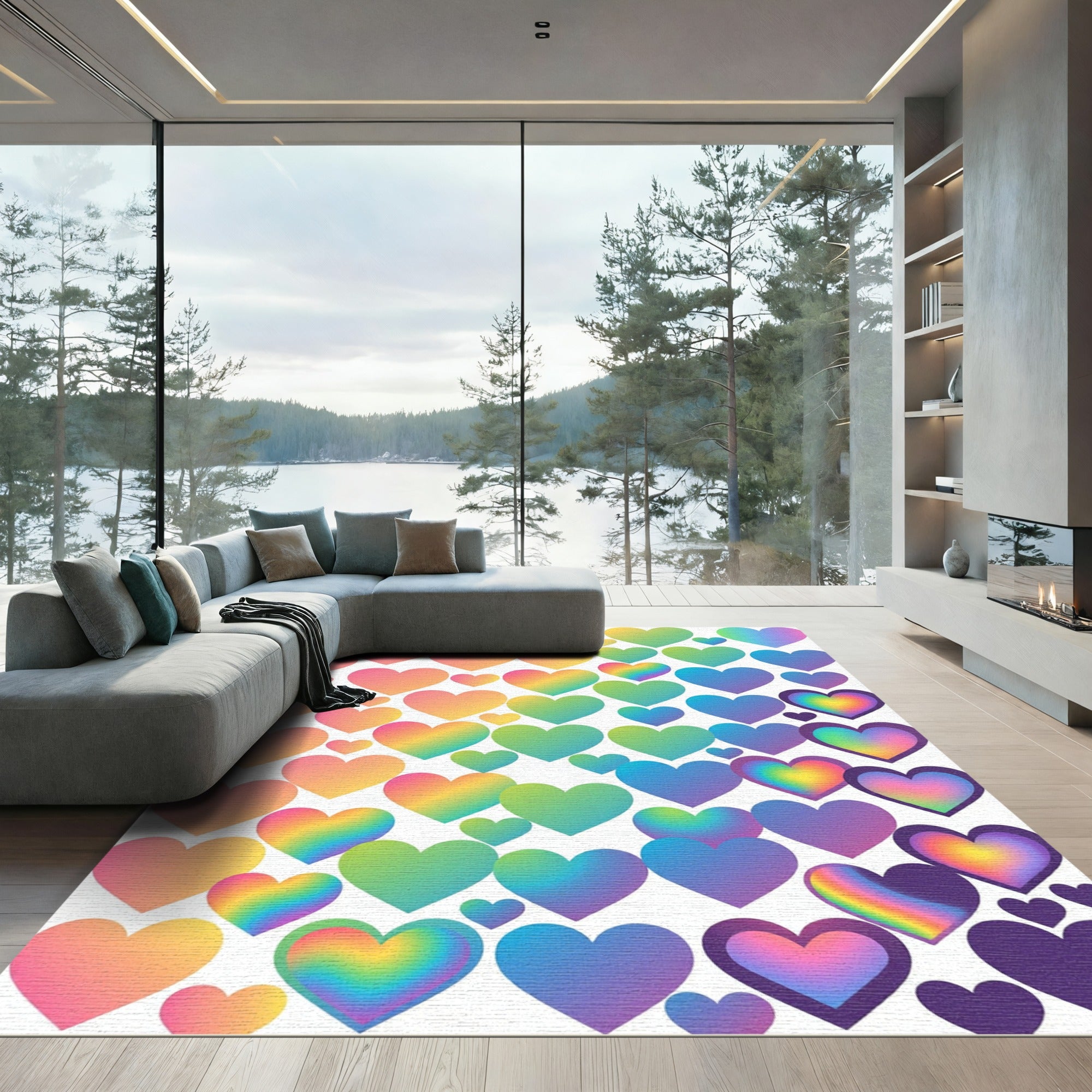 Iridescent Gradient Heart Confetti Clouds Rug