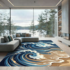 Abstract Navy Swirl Ocean Wave Art Rug