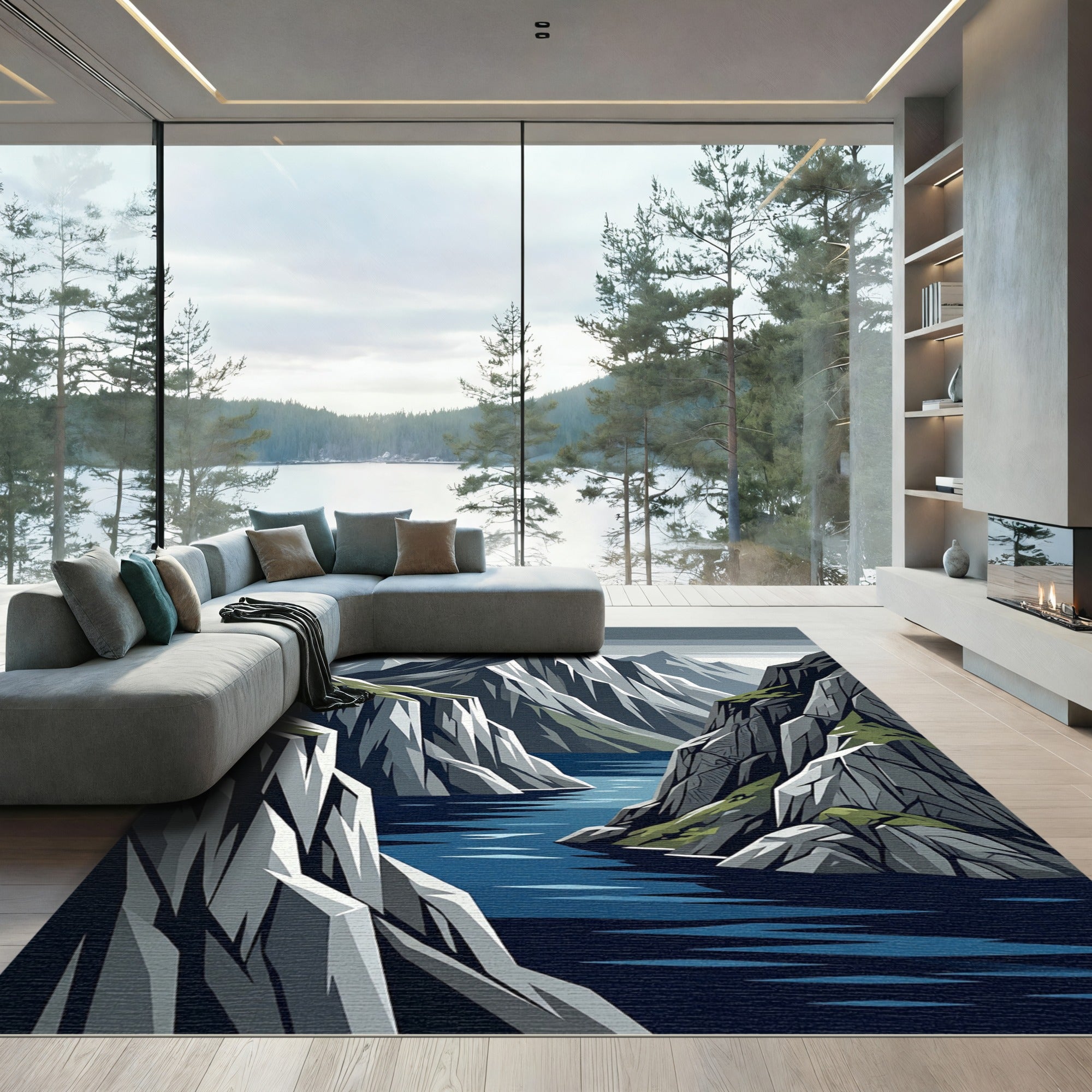 Dramatic Blue Mountain Fjord Landscape Rug