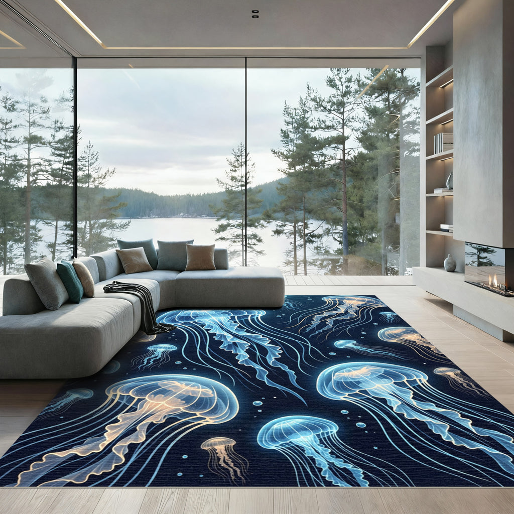 Glowing Blue Jellyfish Deep Sea Art Rug
