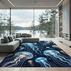 Glowing Blue Jellyfish Deep Sea Art Rug