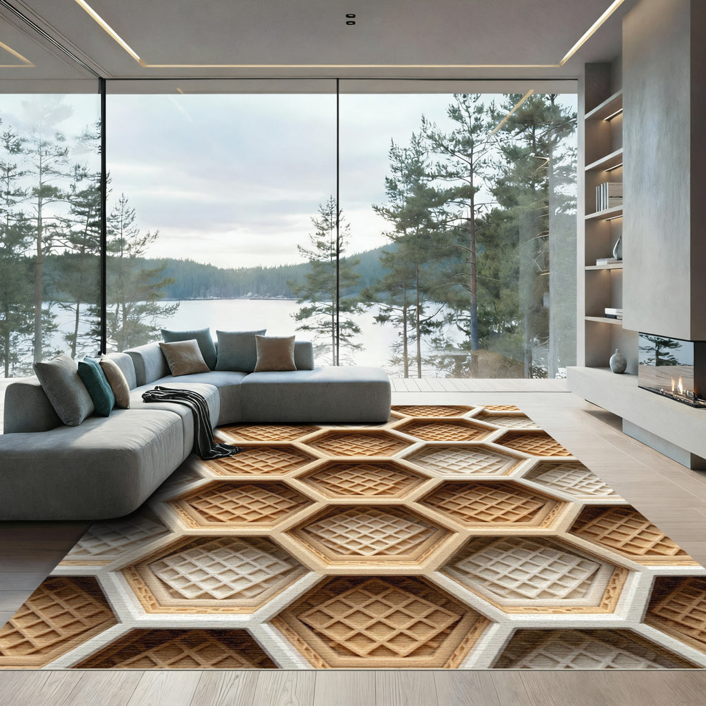 Textured Geometric Honeycomb Waffle Grid Rug