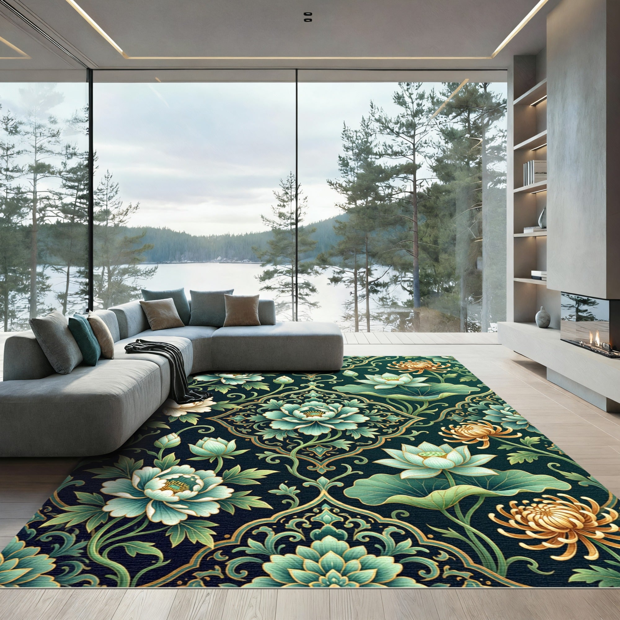 Deep Teal Floral Lotus Garden Rug