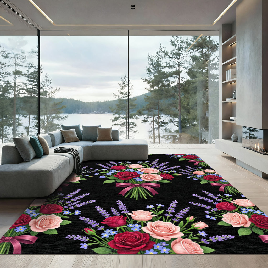 Romantic Crimson Rose and Lavender Bouquet Rug
