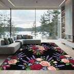 Romantic Crimson Rose and Lavender Bouquet Rug