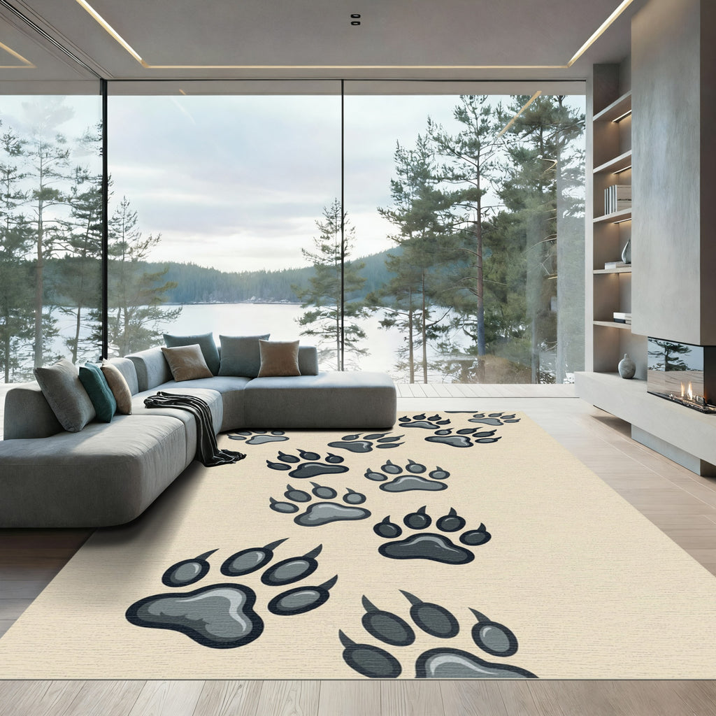 Playful Gray Animal Paw Track Rug