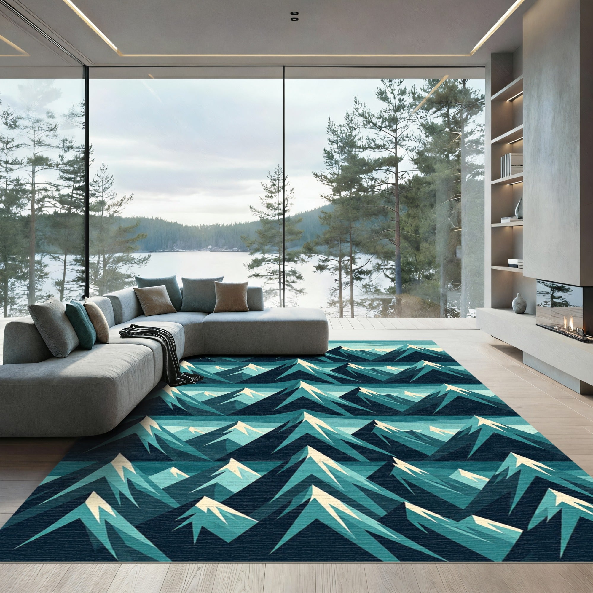 Teal And White Mountain Range Rug