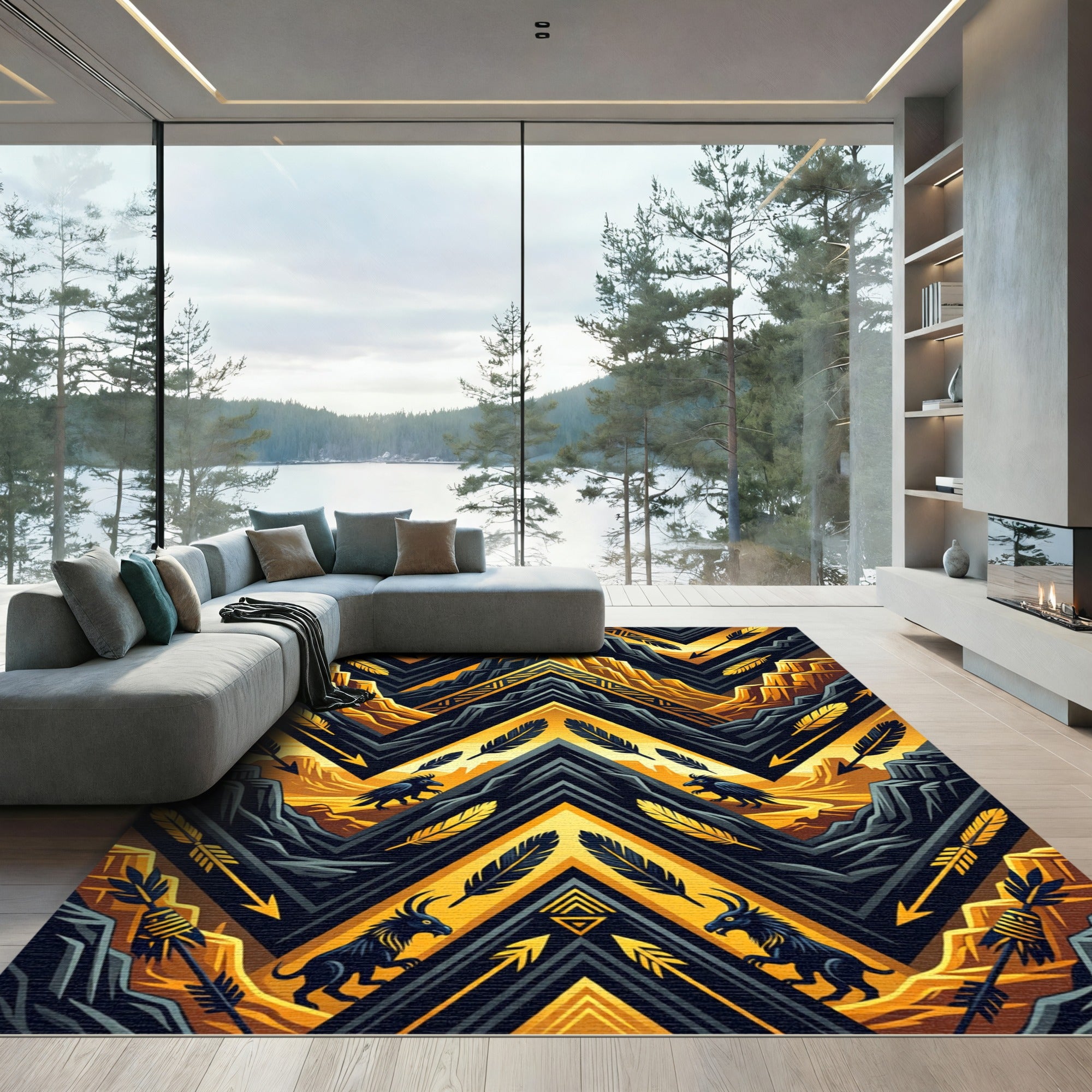 Golden Mountain Tribal Wolf Feather Rug