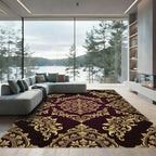 Elegant Gold Ornate Damask Burgundy Rug