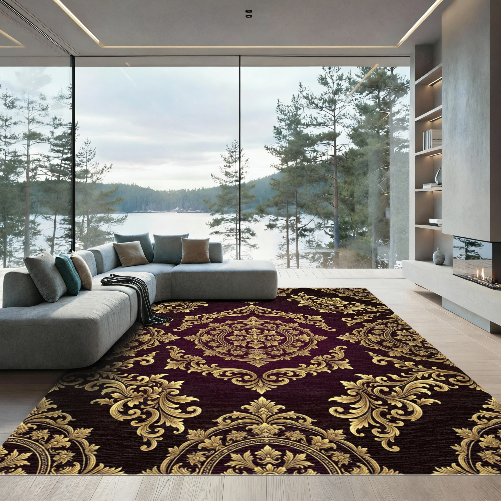 Elegant Gold Ornate Damask Burgundy Rug