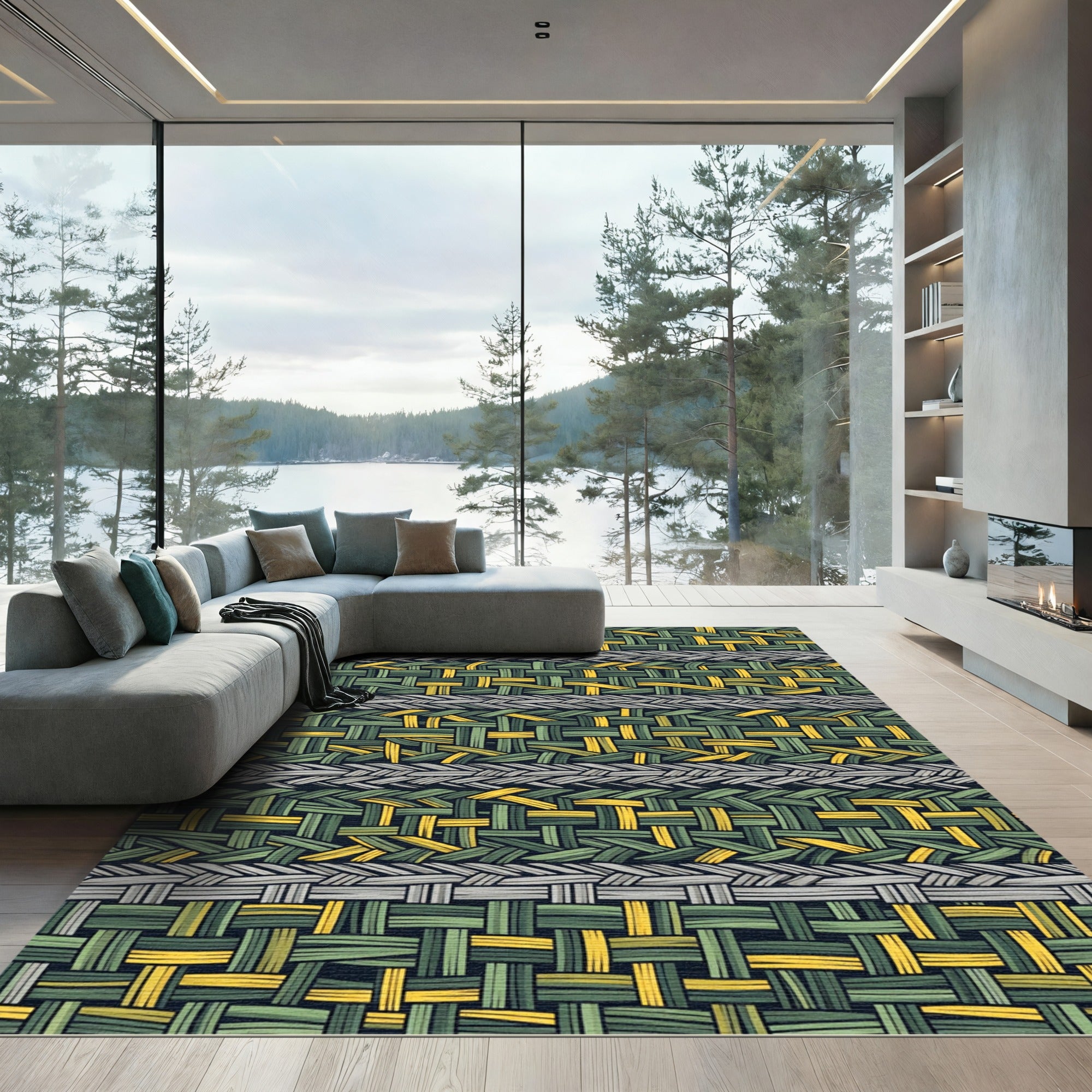 Woven Olive and Gold Linear Grid Rug
