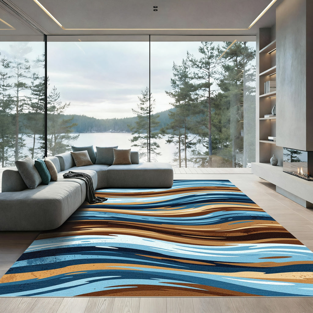 Earthy Blue Abstract Organic Waves Rug