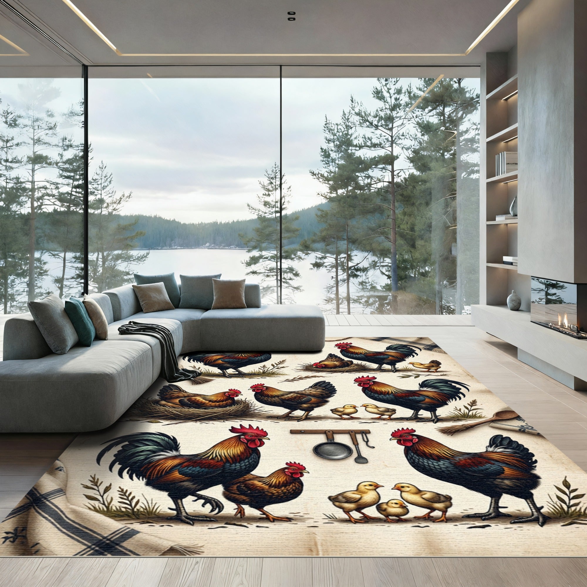 Rustic Farmhouse Rooster and Chicks Rug