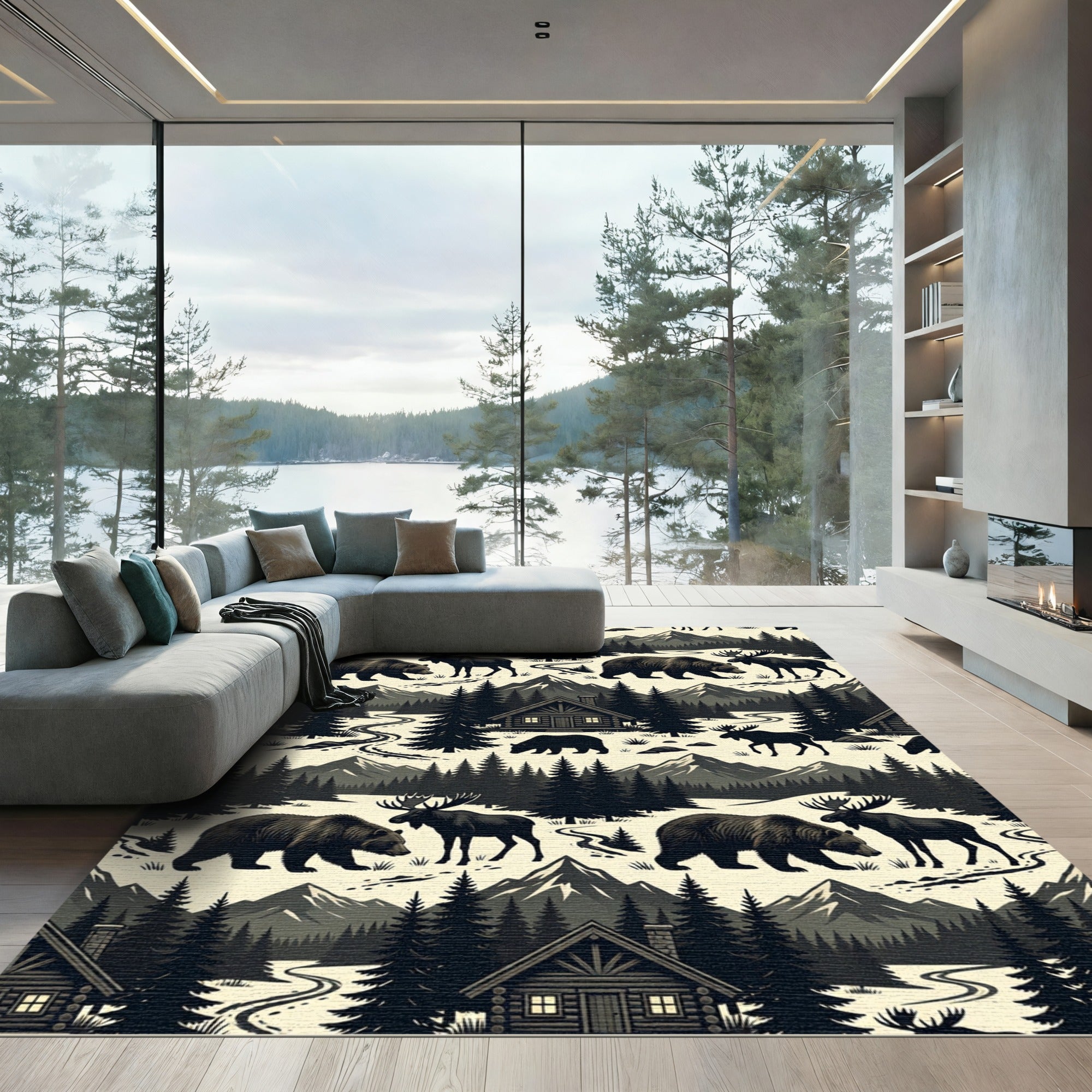Rustic Mountain Bear and Moose Woodland Rug