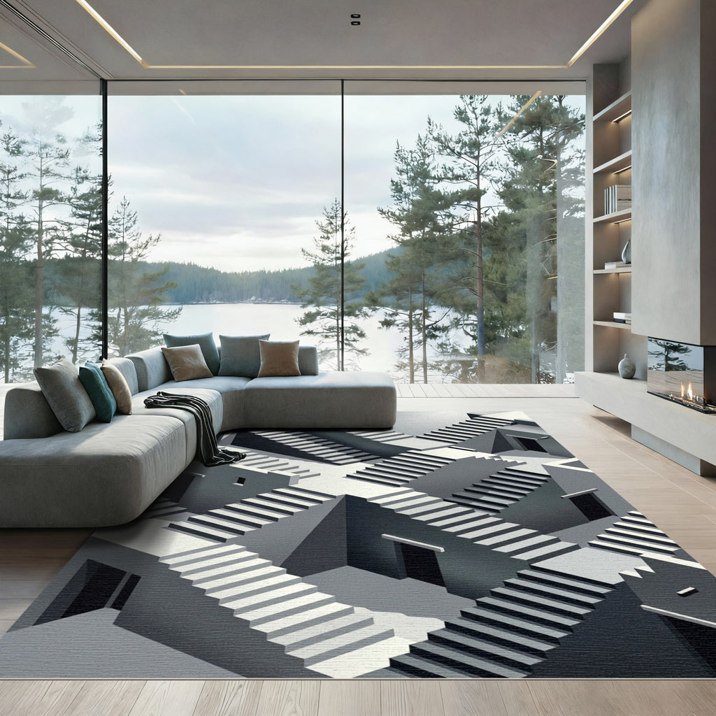 Monochromatic Geometric Escher Illusion Stairs Rug