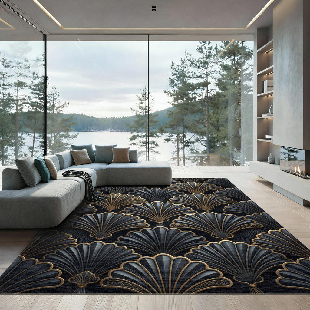 Art Deco Gray Golden Fan Rug
