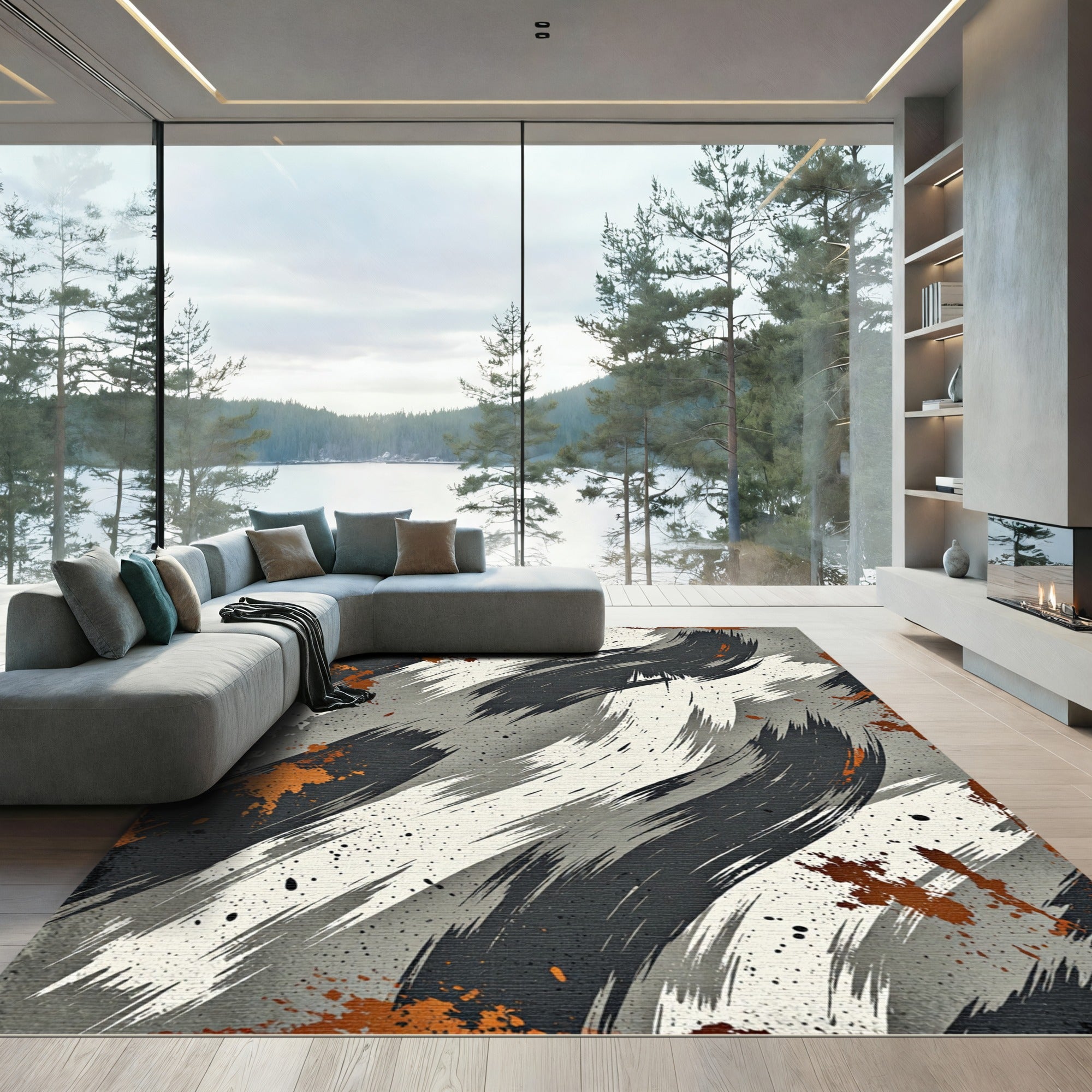 Abstract Brushstroke Orange Gray Rug