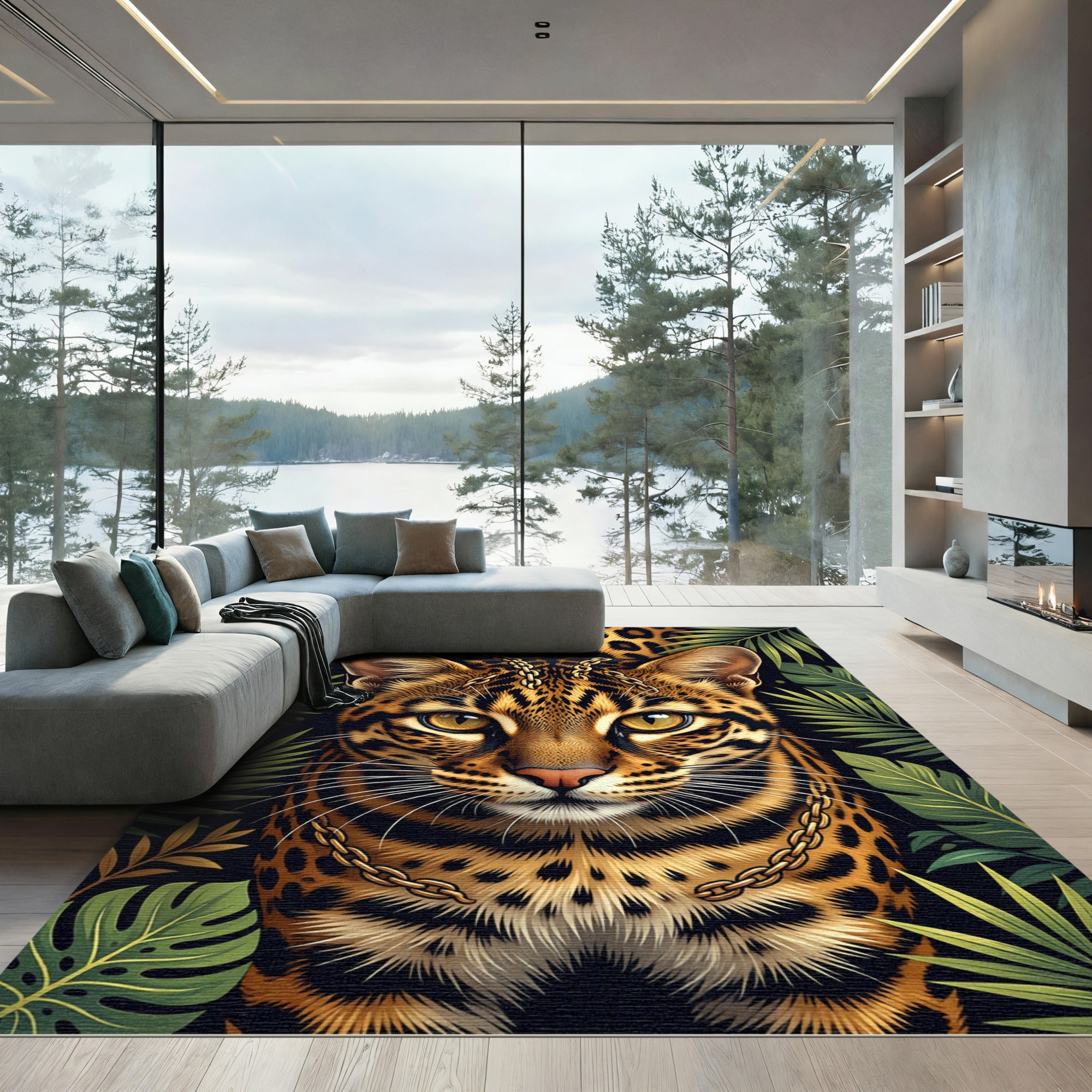 Golden Ocelot Jungle Chain Portrait Rug