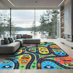Vibrant Playful City Road Traffic Rug
