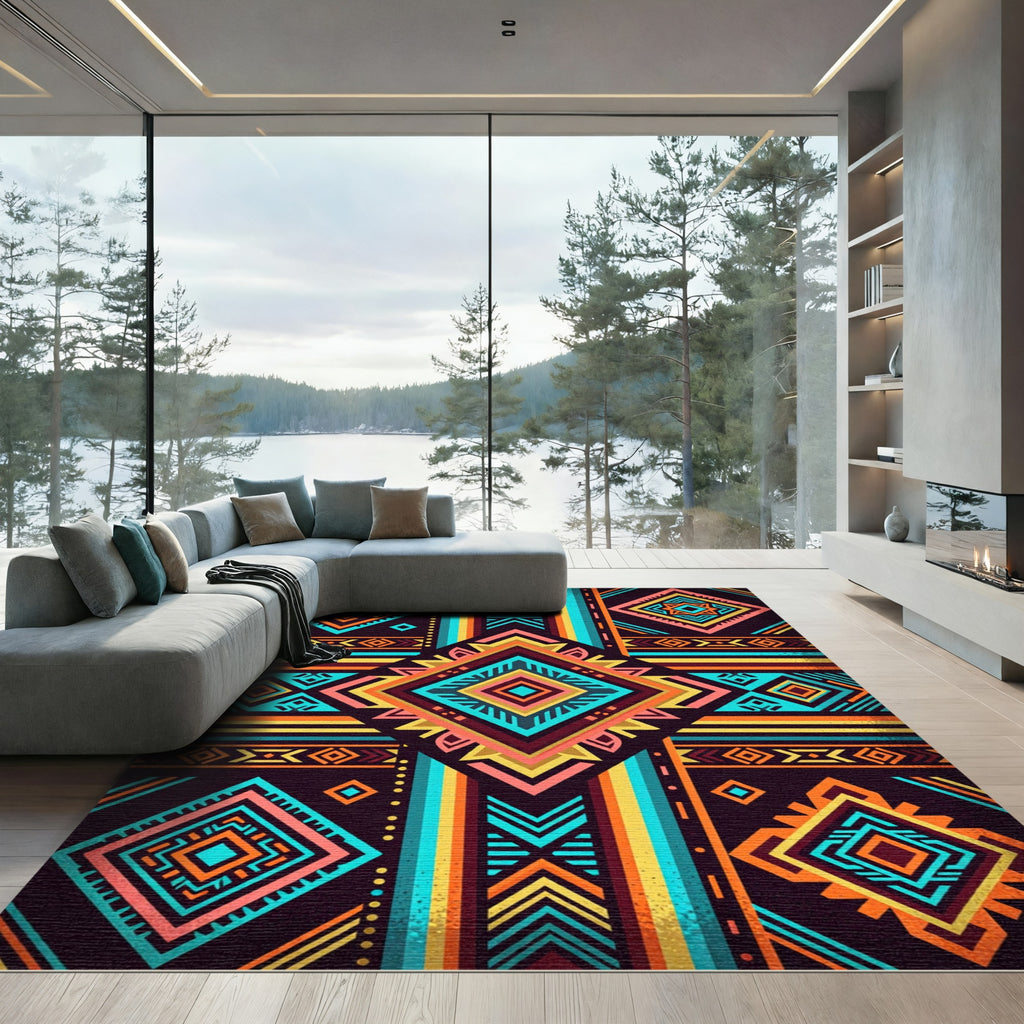 Vibrant Neon Geometric Layered Diamond Rug