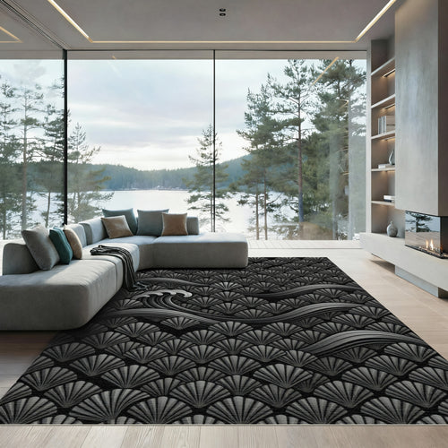 Black Waves Scallop Art Deco Rug