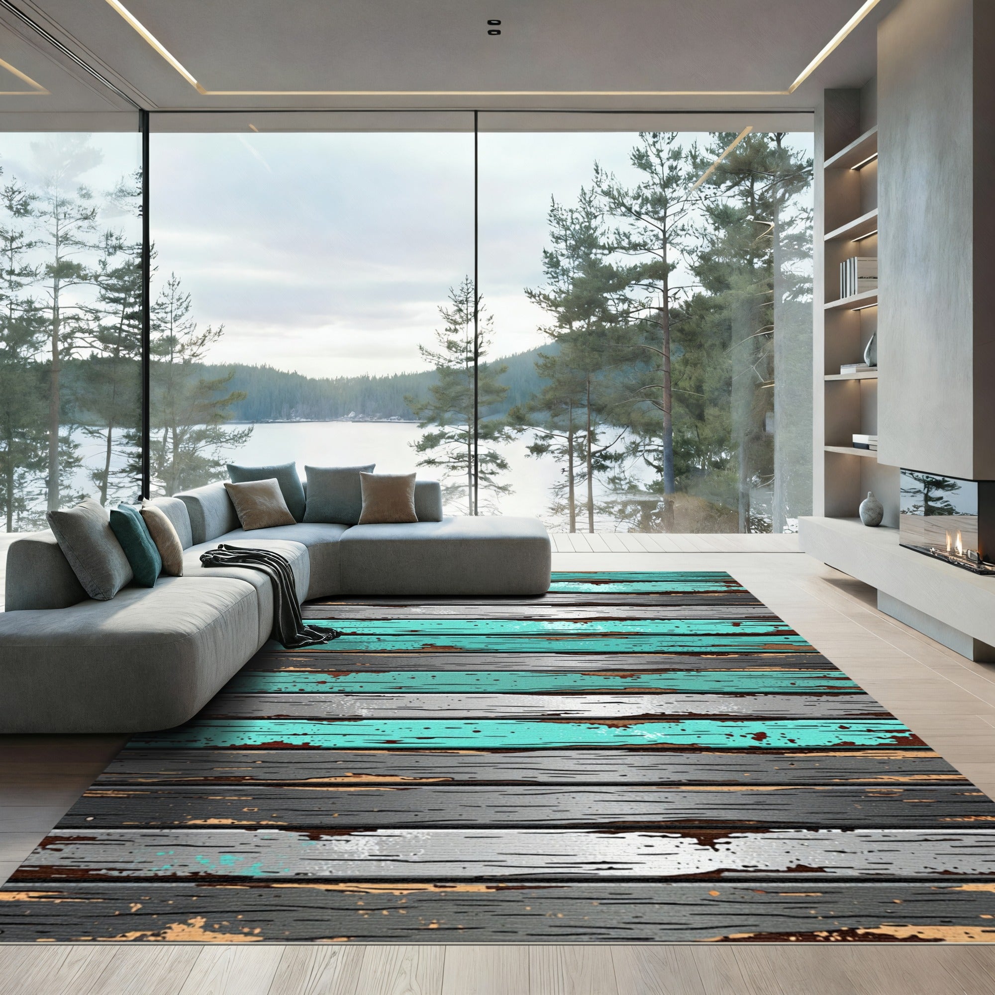 Distressed Teal Gray Plank Rug