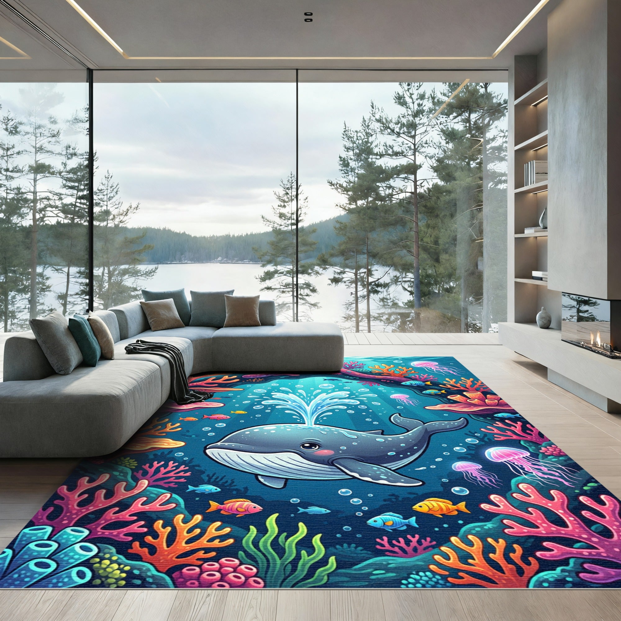 Vibrant Underwater Whale Coral Reef Rug