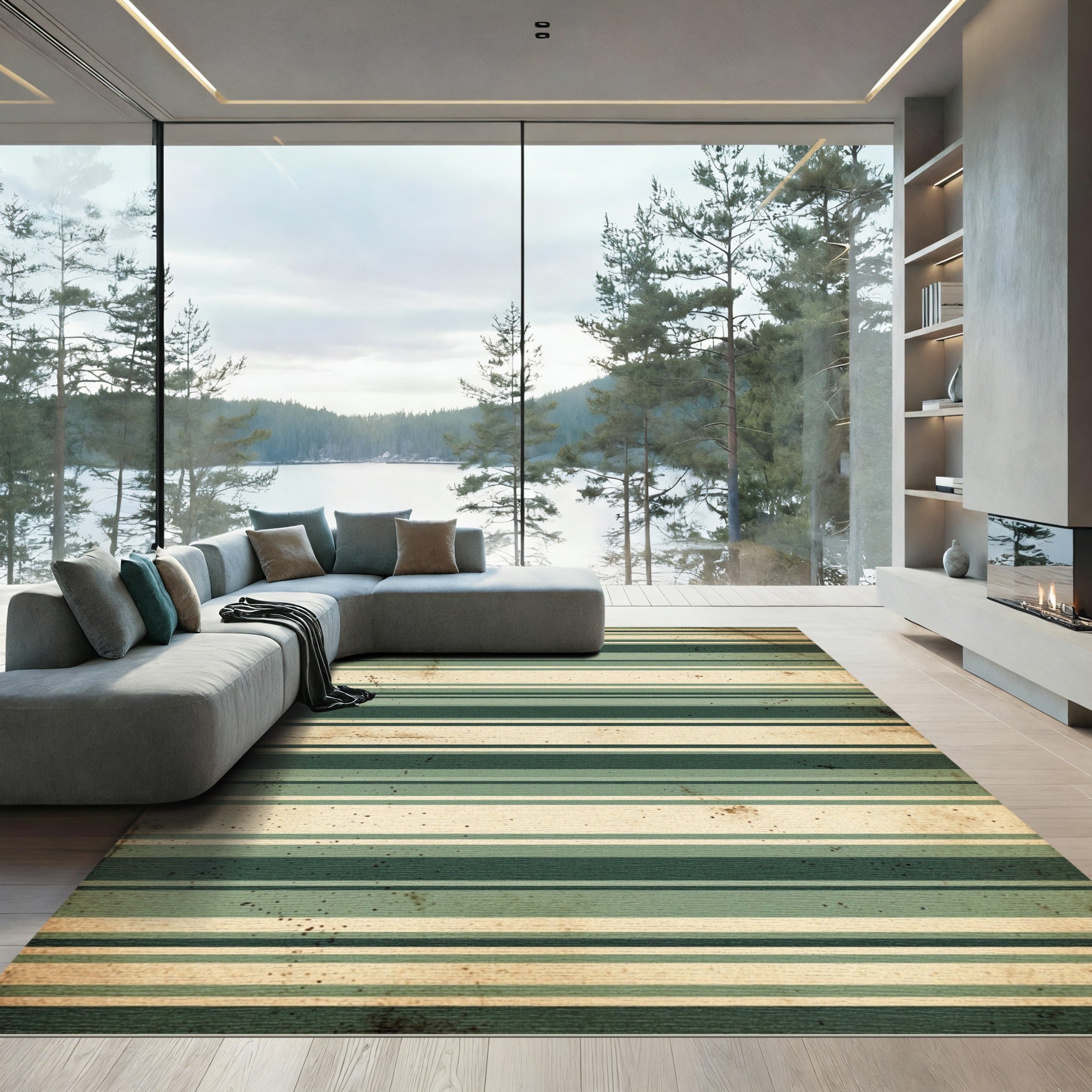 Vintage Green and Cream Striped Rug