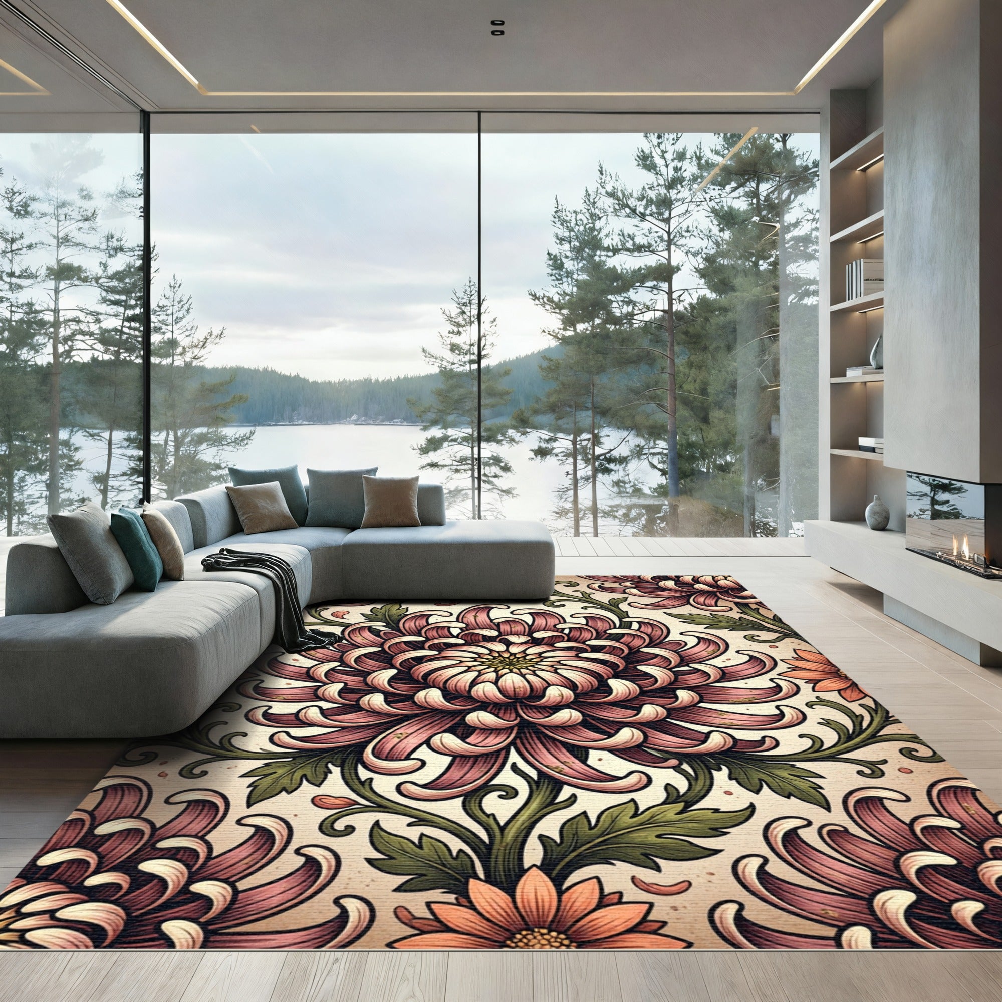 Vintage Mauve Chrysanthemum Floral Arrangement Rug