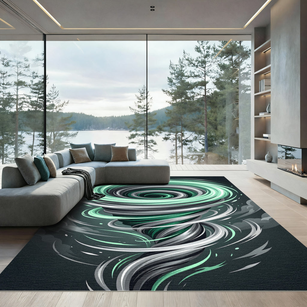 Dynamic Mint and Graphite Swirling Cyclone Rug