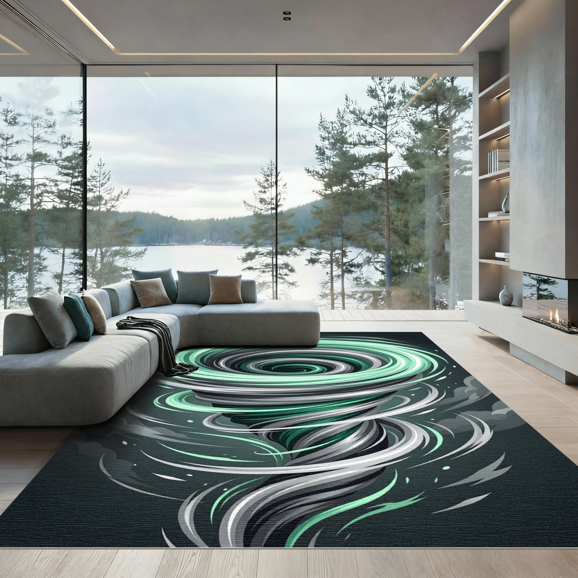 Dynamic Mint and Graphite Swirling Cyclone Rug