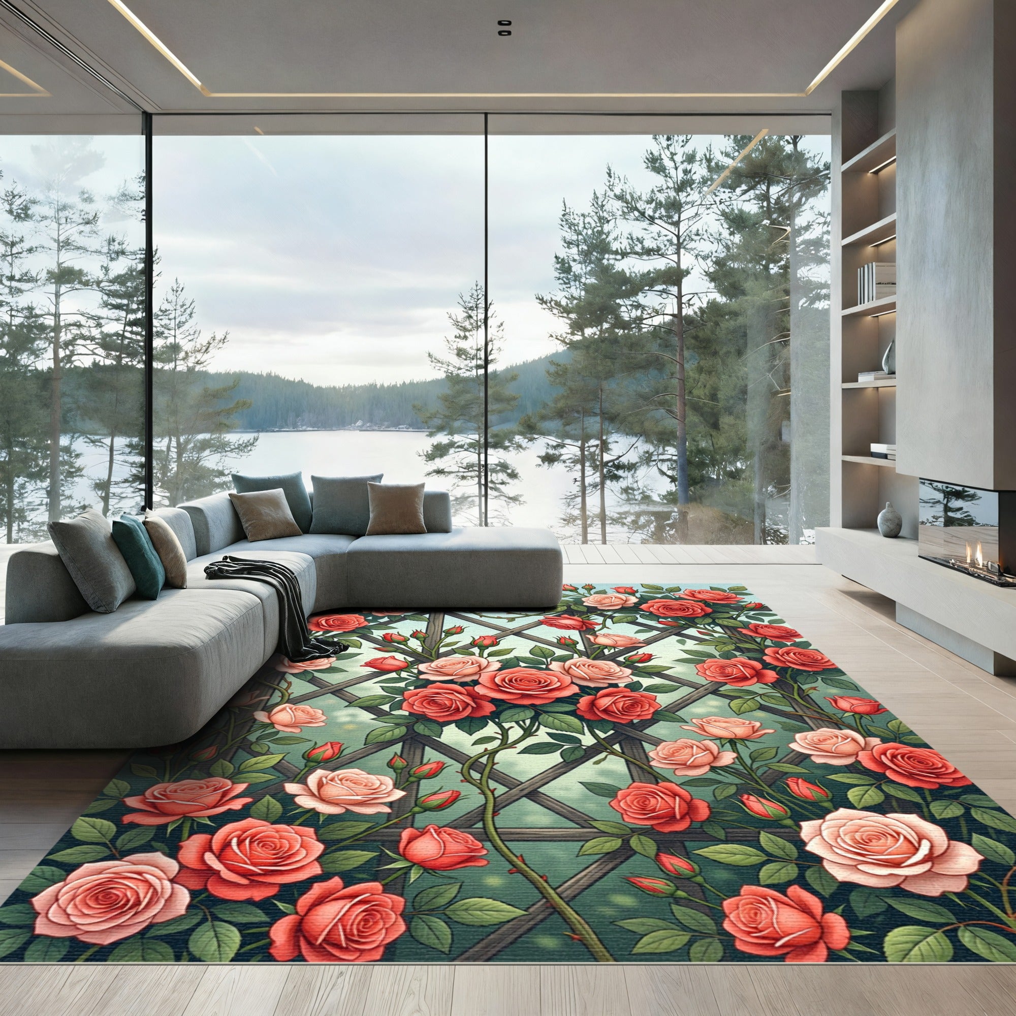 Romantic Red and Blush Rose Trellis Rug