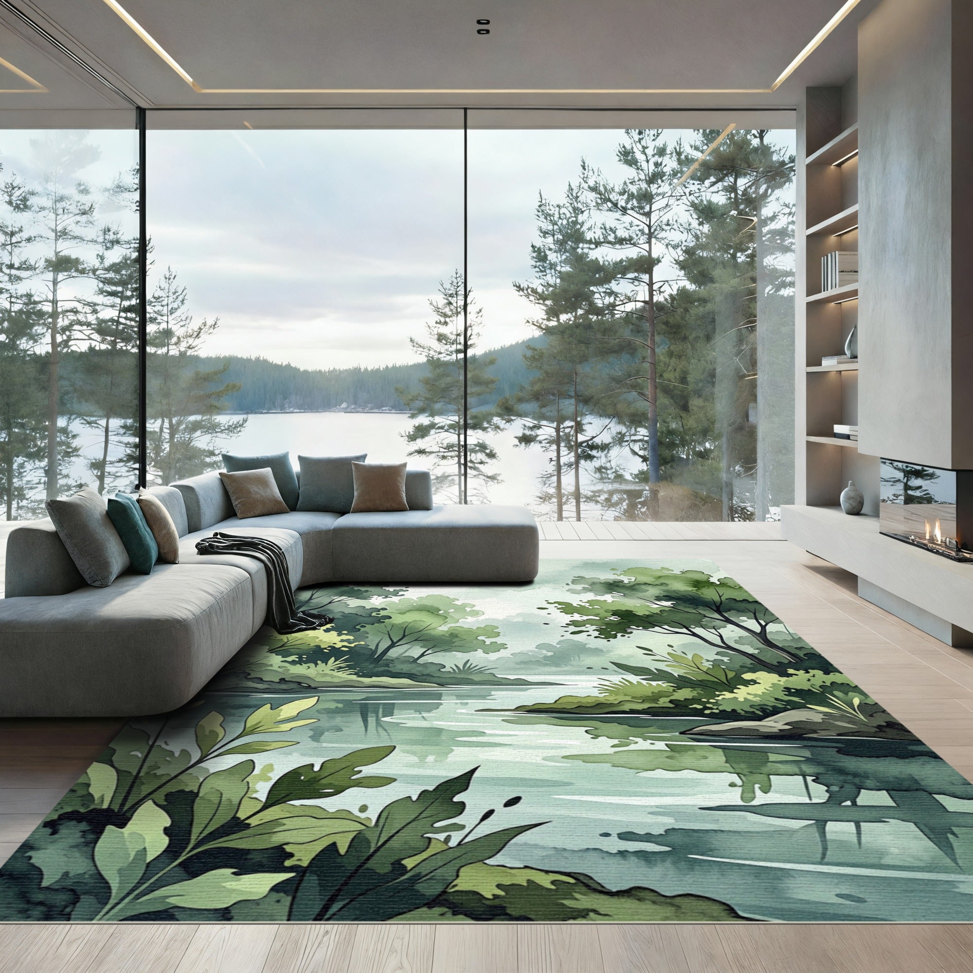 Watercolor Forest River Landscape Rug