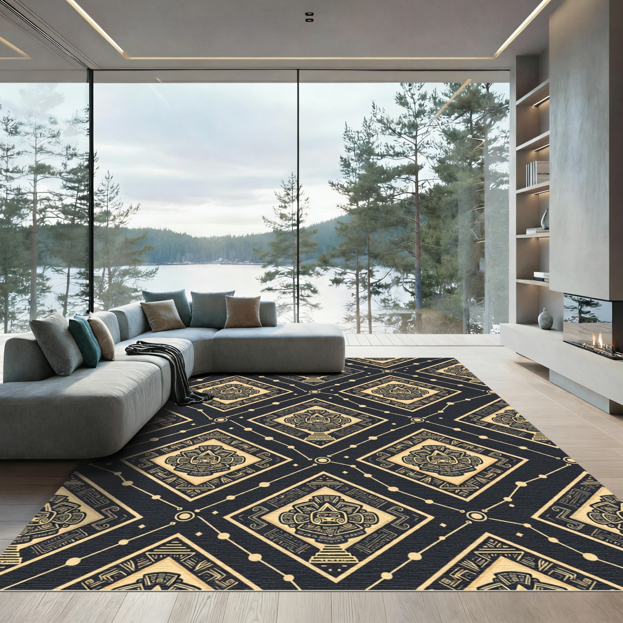 Aztec Gold Black Geometric Sun Diamond Rug