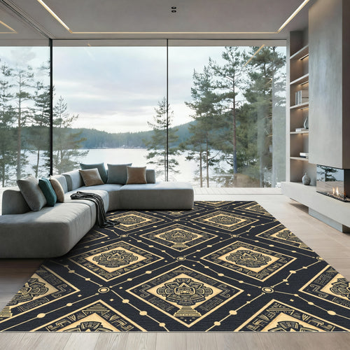 Aztec Gold Black Geometric Sun Diamond Rug