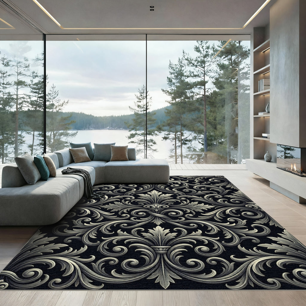Ornate Black White Acanthus Swirl Rug