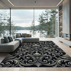 Ornate Black White Acanthus Swirl Rug