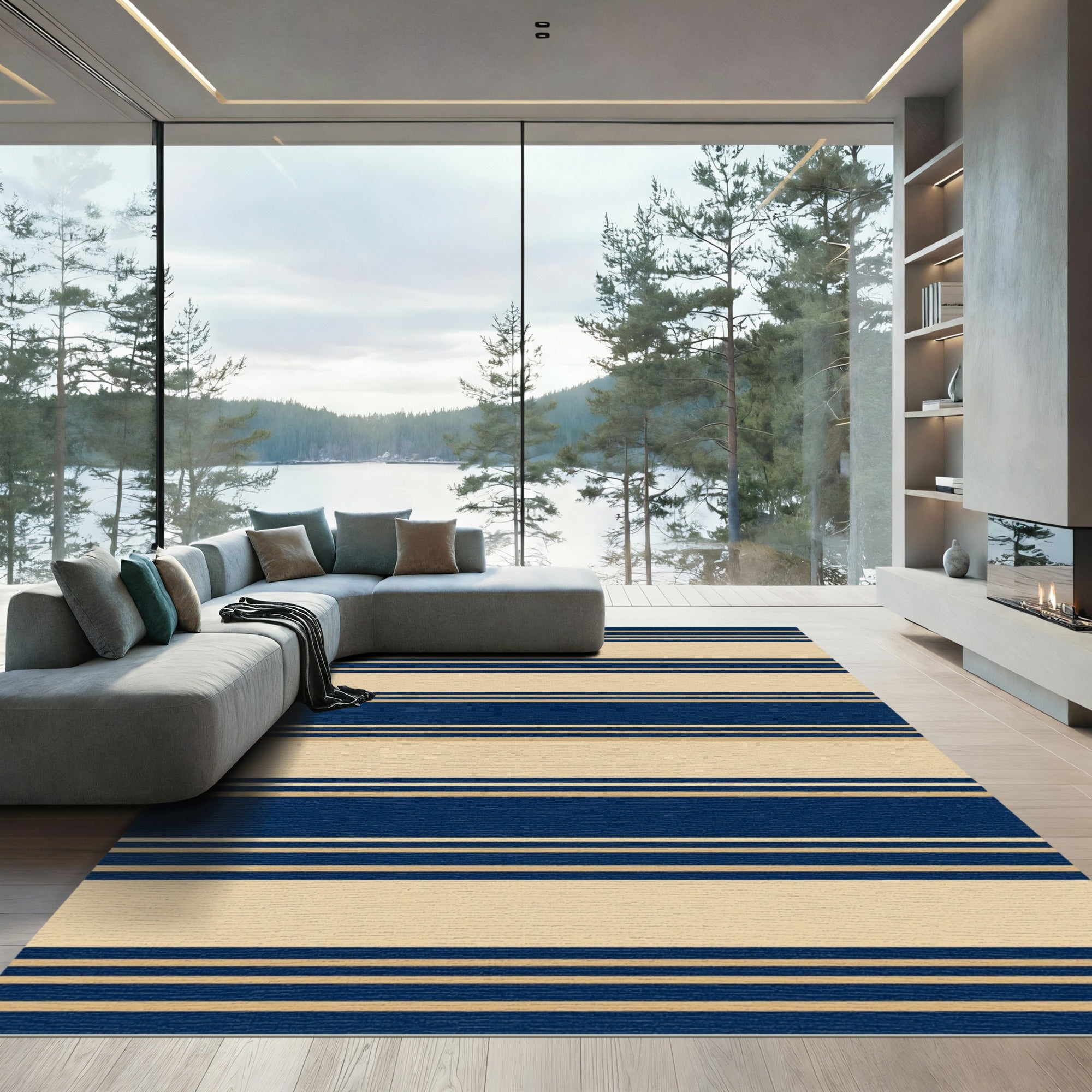 Navy and Beige Linear Stripe Rug