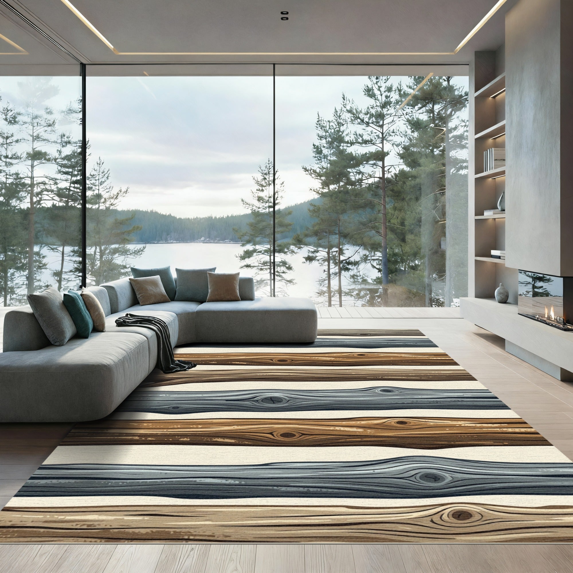 Rustic Earthy Gray Wood Plank Stripe Rug