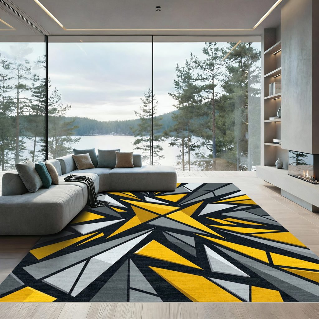 Bold Yellow Gray Geometric Explosion Rug