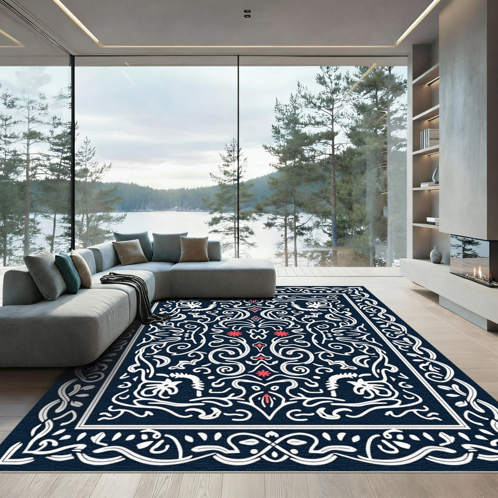 Navy Crimson Vine Scroll Medallion Rug