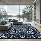 Navy Crimson Vine Scroll Medallion Rug