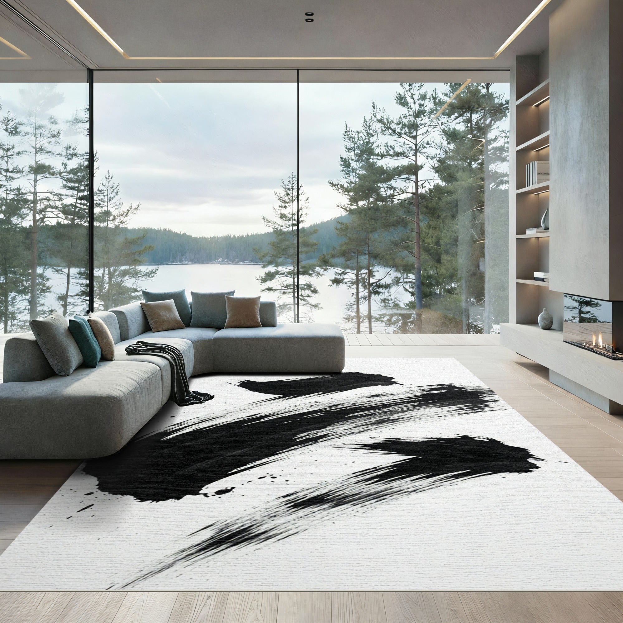 Minimalist Black Ink Brush Stroke Rug