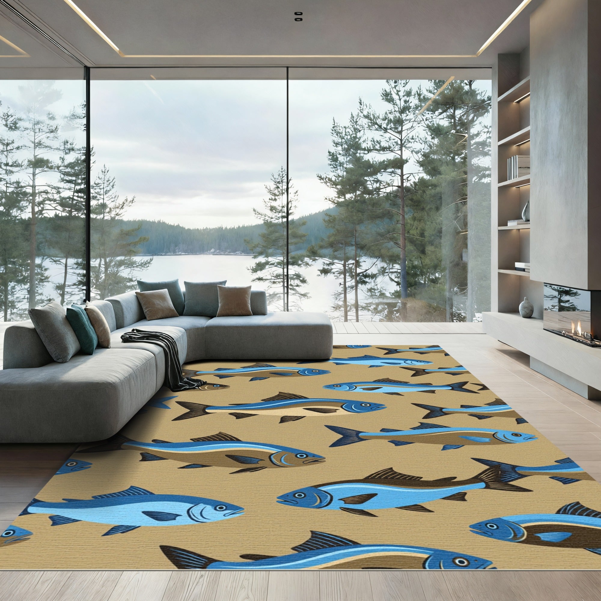 Mid-Century Modern Blue School of Fish Rug