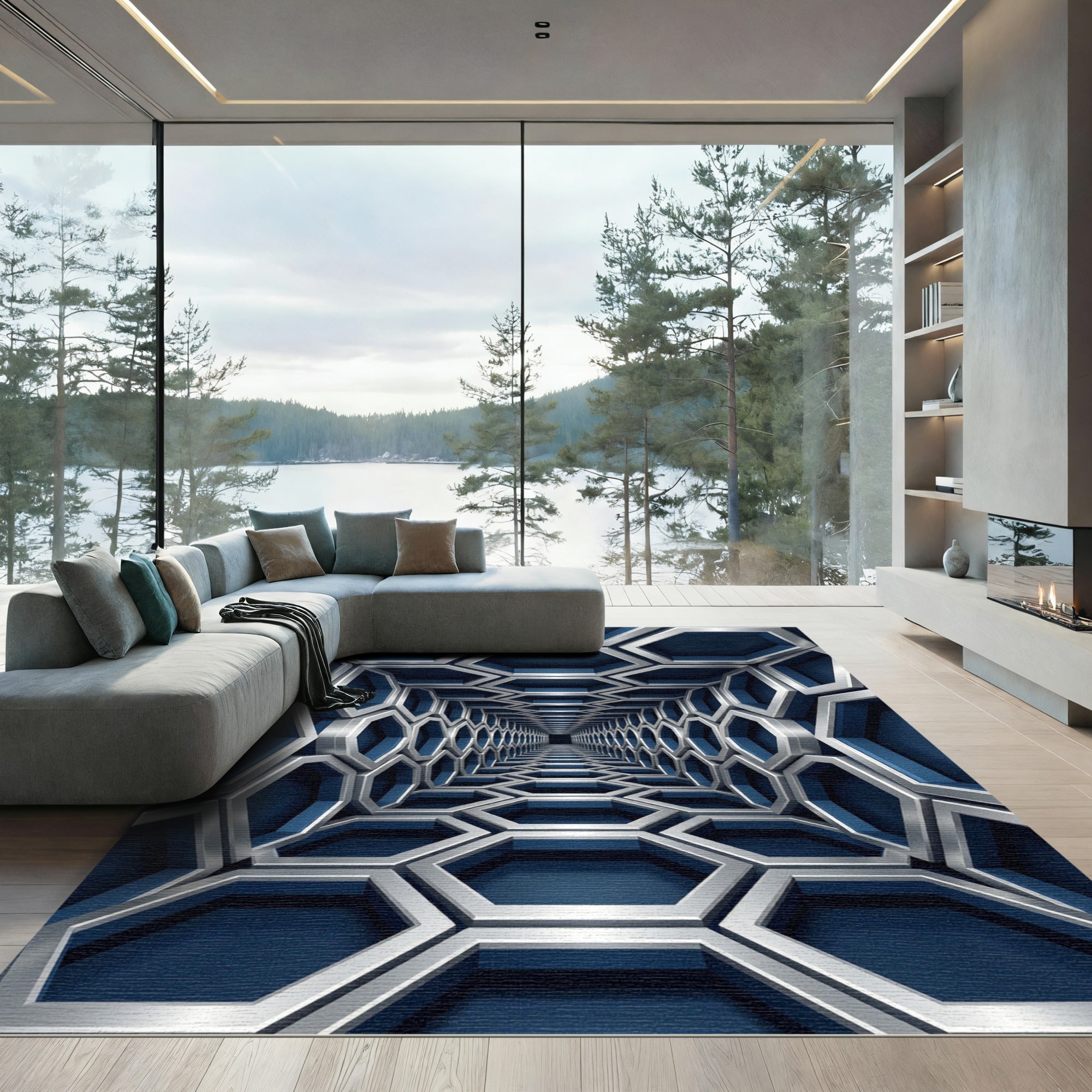 Modern Navy Metallic Geometric Hexagon Tunnel Rug