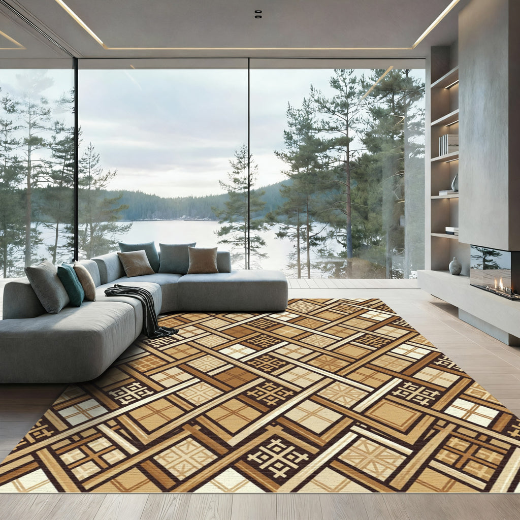 Earthy Geometric Lattice Woven Beige Rug