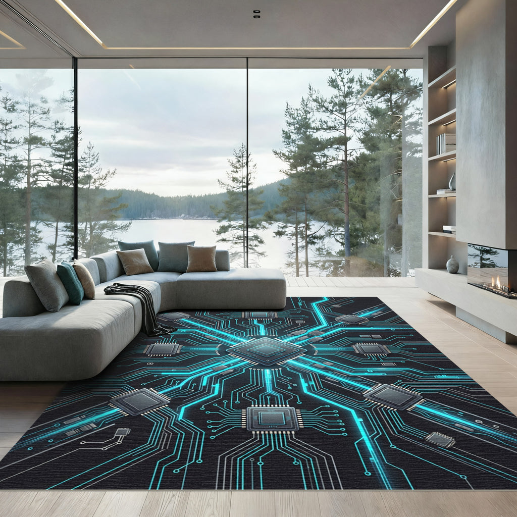 Neon Cybernetic Circuitry Geometric Grid Rug
